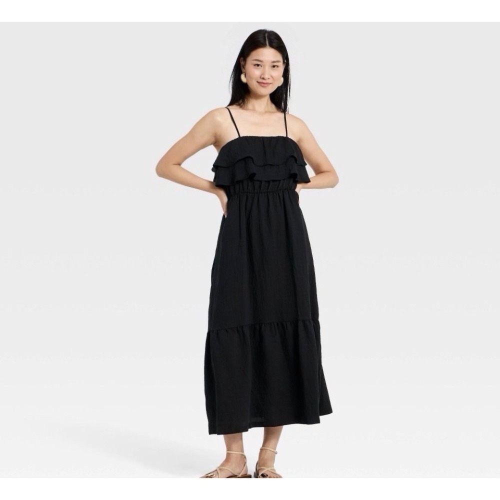 Women's Size Small Sleeveless Ruffle Maxi A-Line Dress - A New Day BLACK